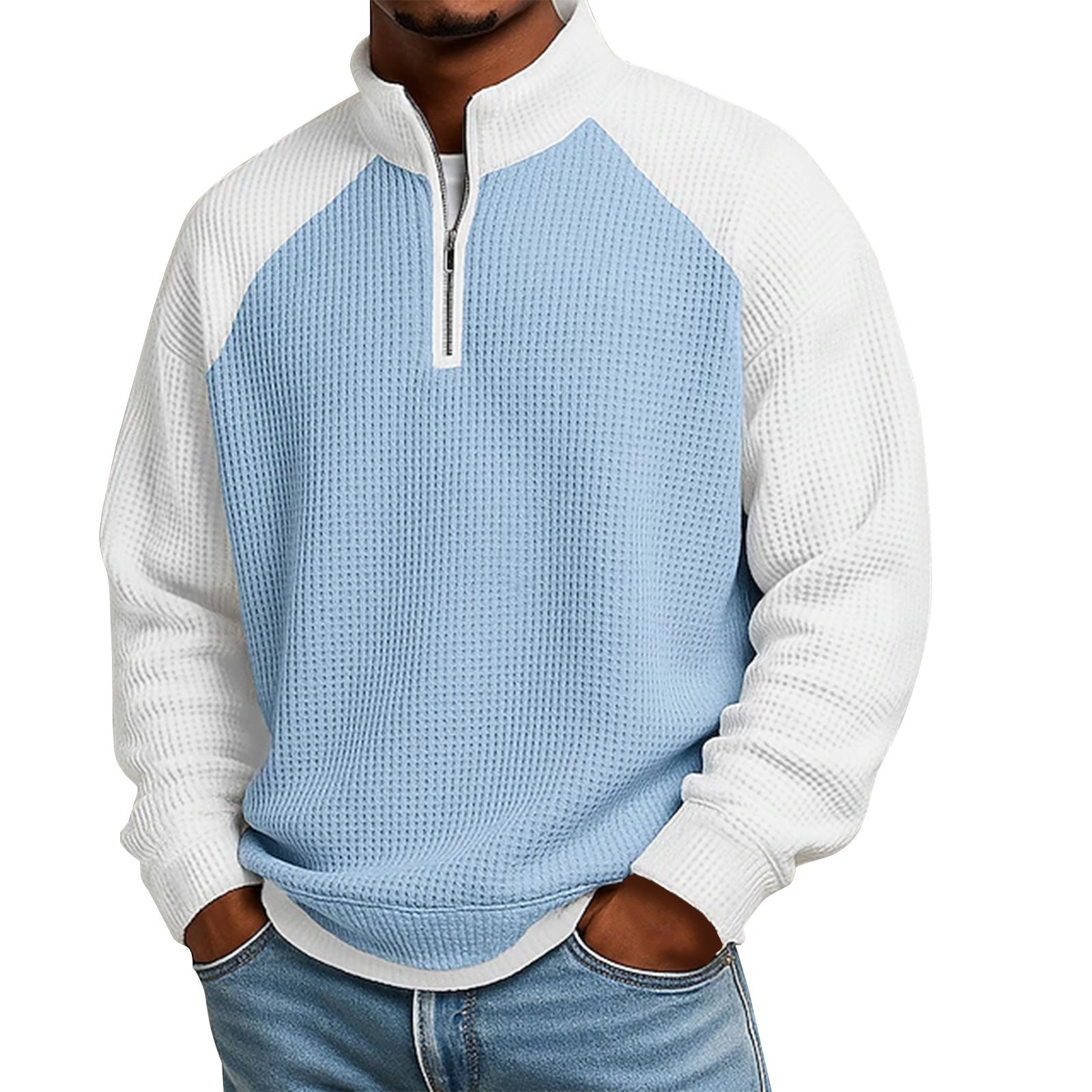 S-5XL Waffled Contrast Collar Long Sleeve Sweat