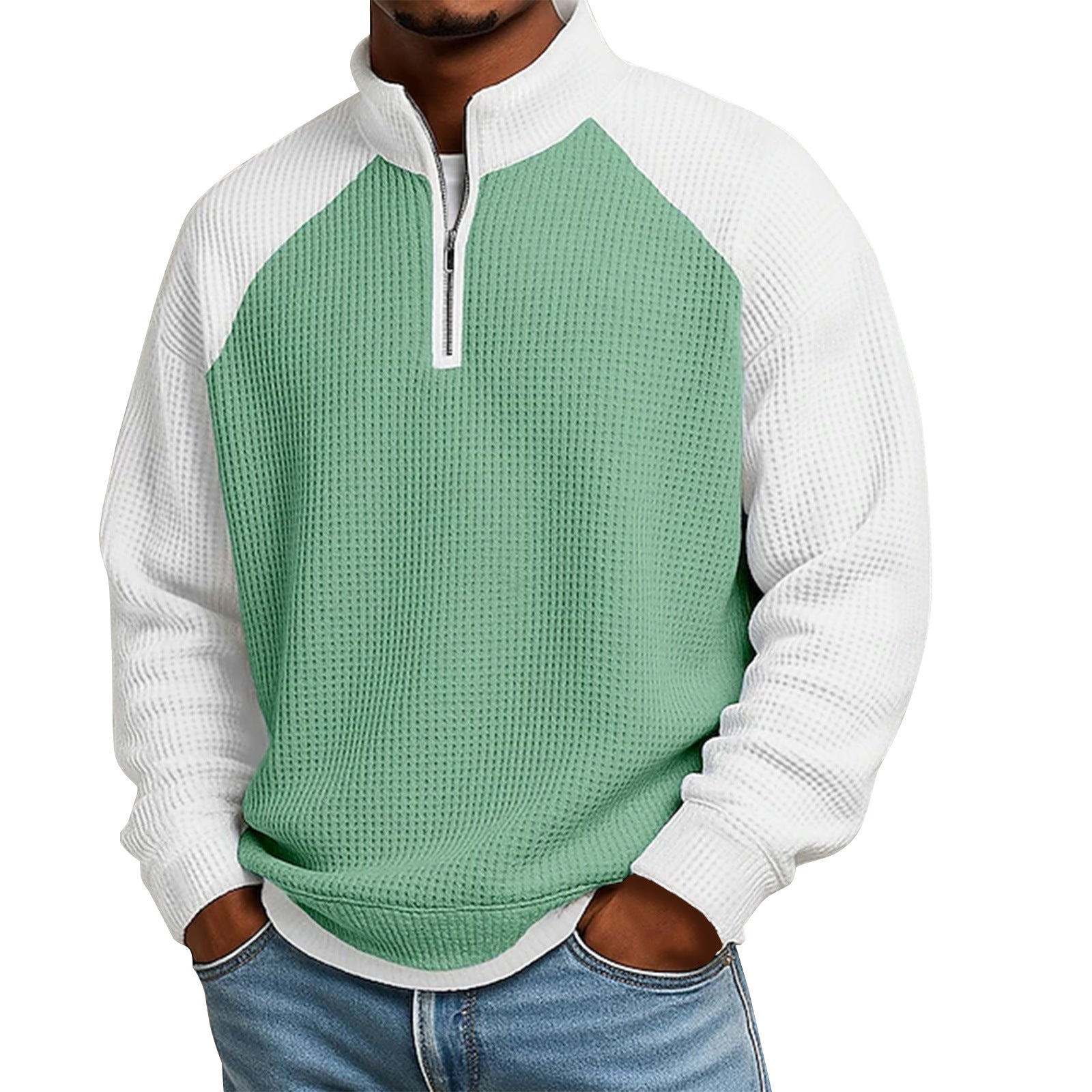 S-5XL Waffled Contrast Collar Long Sleeve Sweat