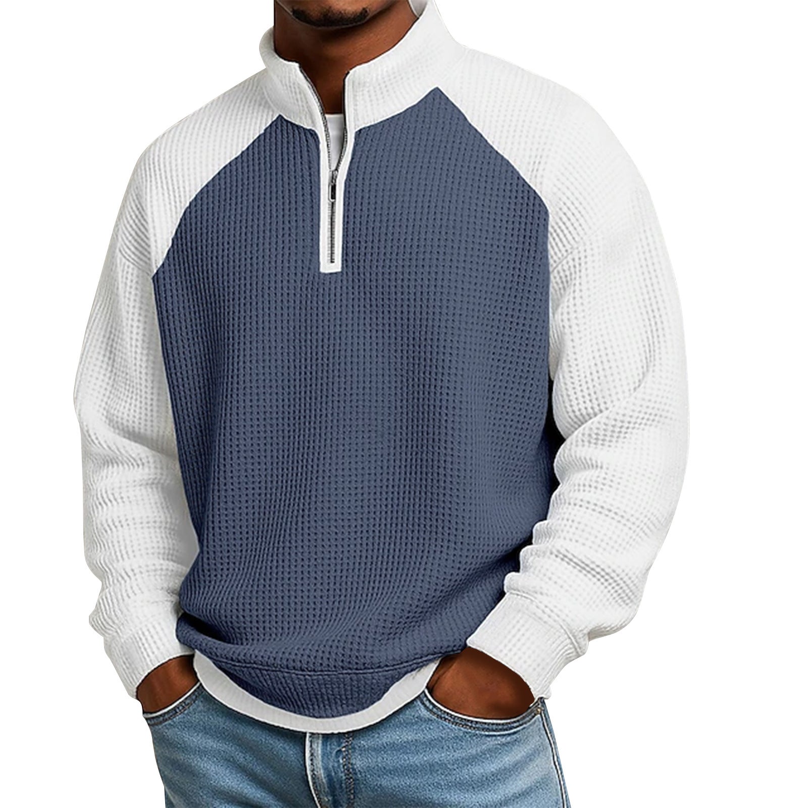S-5XL Waffled Contrast Collar Long Sleeve Sweat