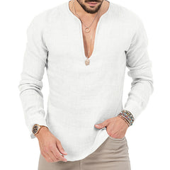 S-3XL Cotton Linen Deep V-Neck Solid Color Long Sleeve T-Shirt