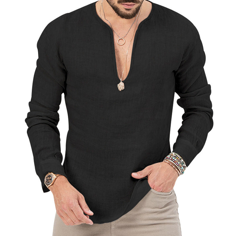 S-3XL Cotton Linen Deep V-Neck Solid Color Long Sleeve T-Shirt