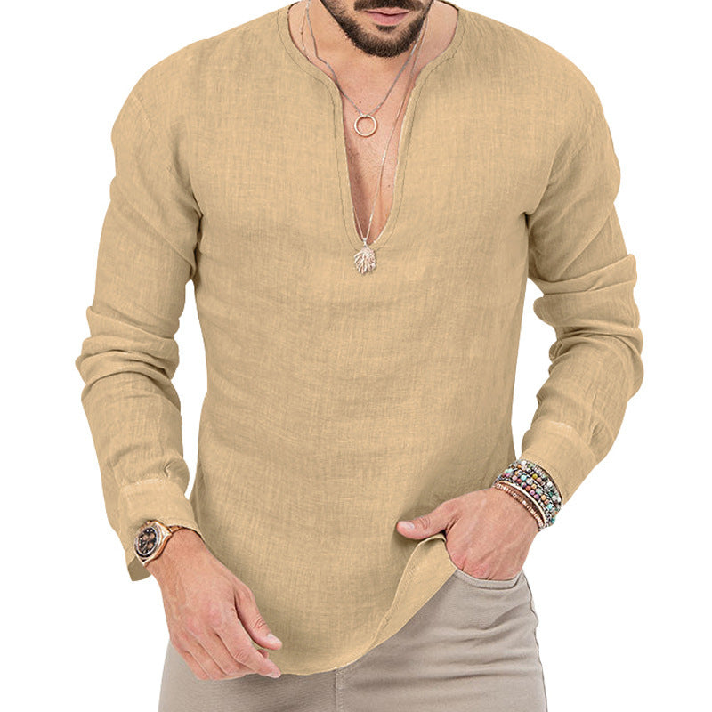 S-3XL Cotton Linen Deep V-Neck Solid Color Long Sleeve T-Shirt