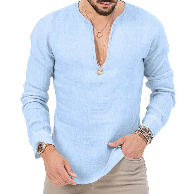 S-3XL Cotton Linen Deep V-Neck Solid Color Long Sleeve T-Shirt