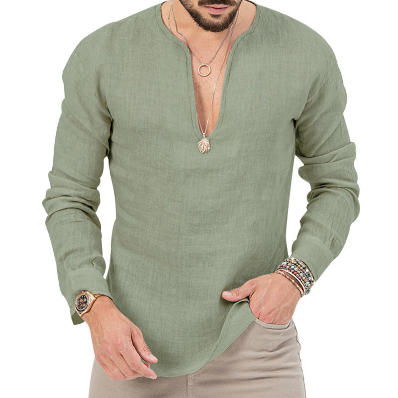 S-3XL Cotton Linen Deep V-Neck Solid Color Long Sleeve T-Shirt