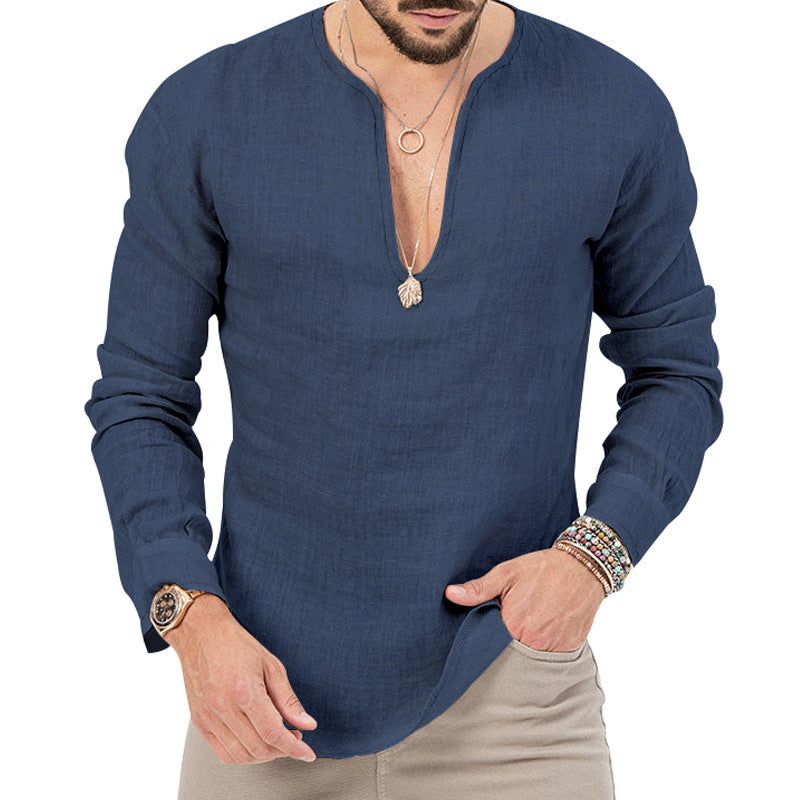 S-3XL Cotton Linen Deep V-Neck Solid Color Long Sleeve T-Shirt