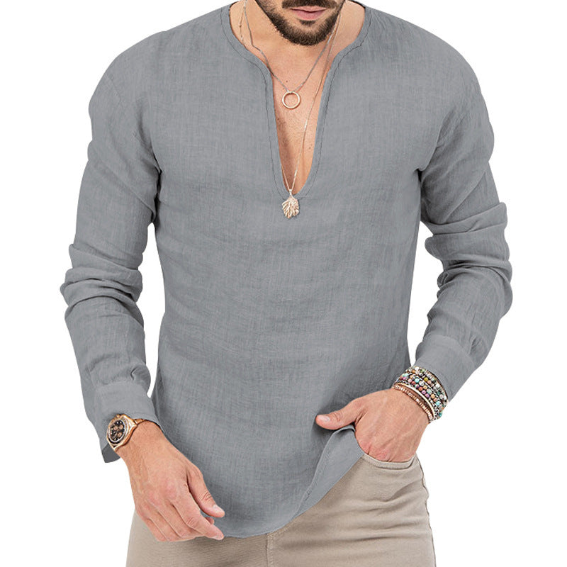 S-3XL Cotton Linen Deep V-Neck Solid Color Long Sleeve T-Shirt