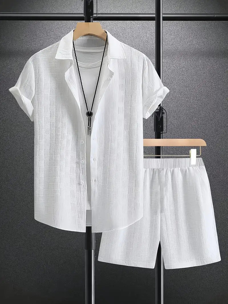 S-3XL Summer Jacquard Solid Color Shirt Shorts Two-piece Set