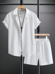 S-3XL Summer Jacquard Solid Color Shirt Shorts Two-piece Set