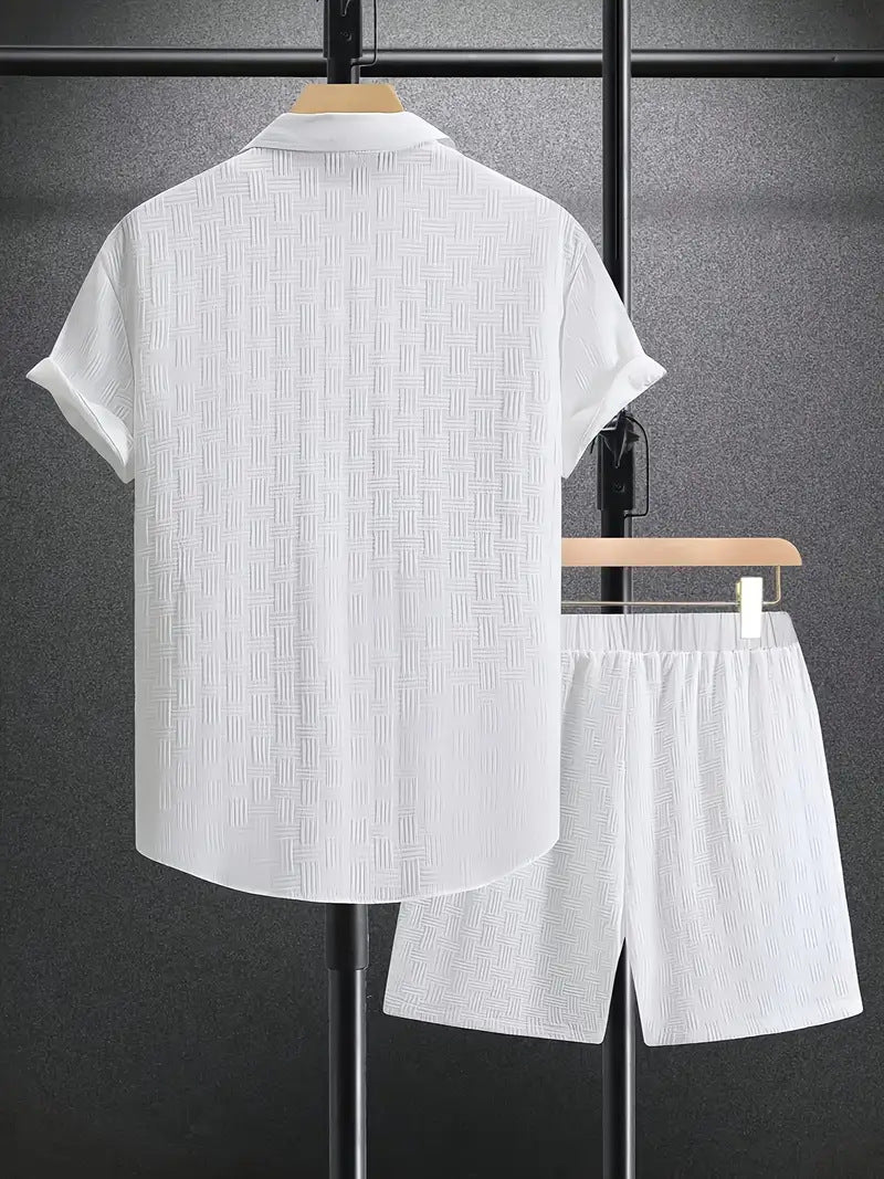 S-3XL Summer Jacquard Solid Color Shirt Shorts Two-piece Set