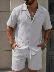 S-3XL Men's Solid Color Casual Short Sleeve Shirt Shorts Set-Beach Two-Piece Set