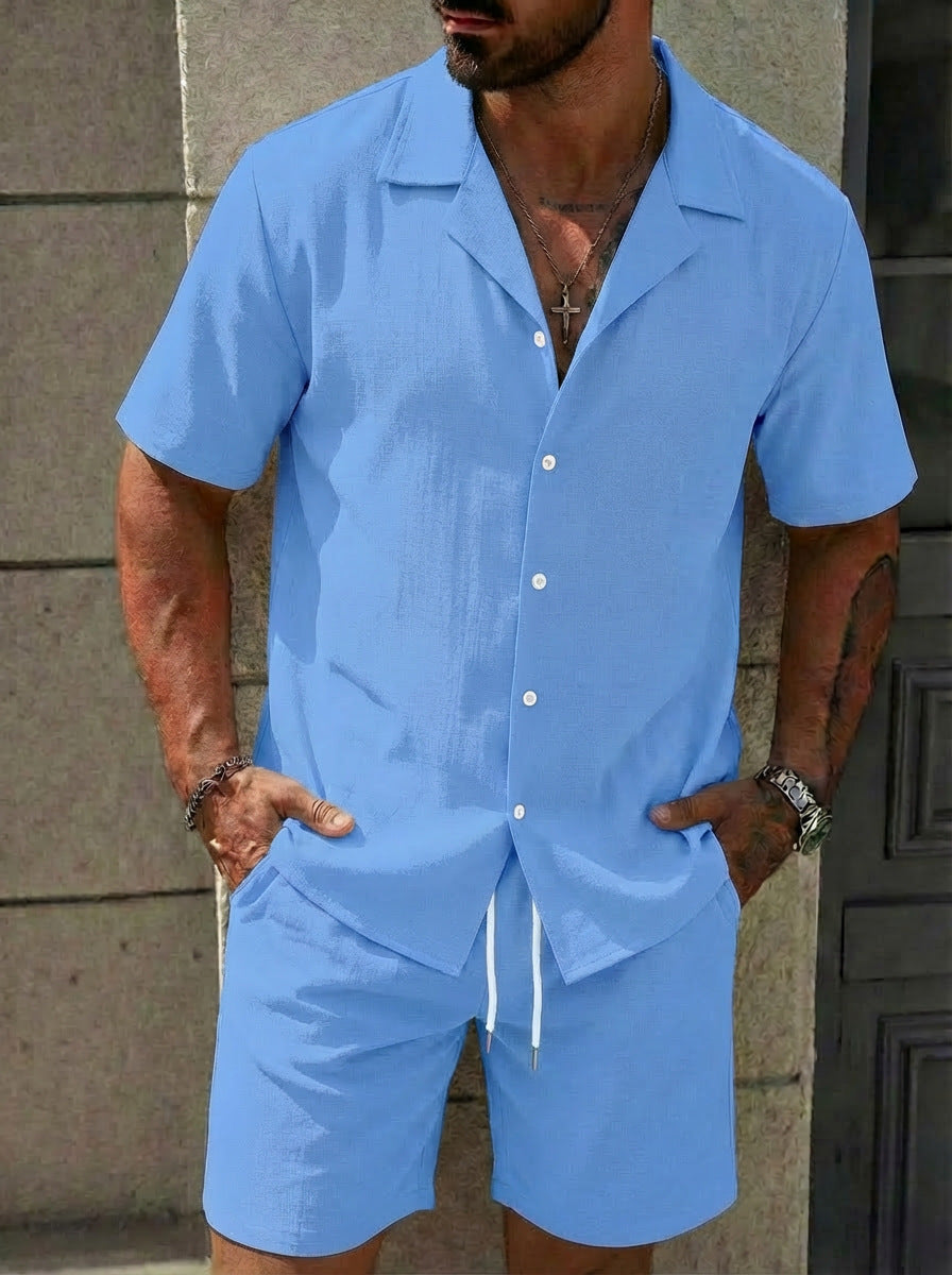 S-3XL Men's Solid Color Casual Short Sleeve Shirt Shorts Set-Beach Two-Piece Set