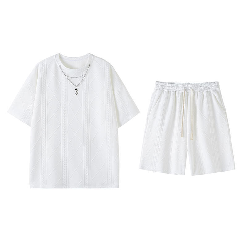M-5XL Men's Summer Texture Jacquard Sport 2-piece Set