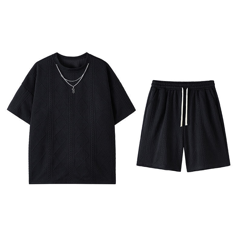 M-5XL Men's Summer Texture Jacquard Sport 2-piece Set