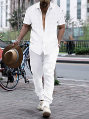 S-3XL Men's Jacquard Striped Shirt Short Sleeve Trousers Suit