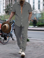 S-3XL Men's Jacquard Striped Shirt Short Sleeve Trousers Suit