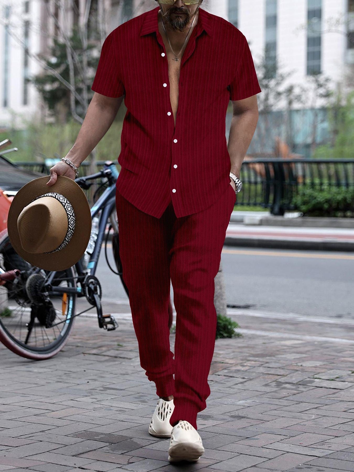 S-3XL Men's Jacquard Striped Shirt Short Sleeve Trousers Suit