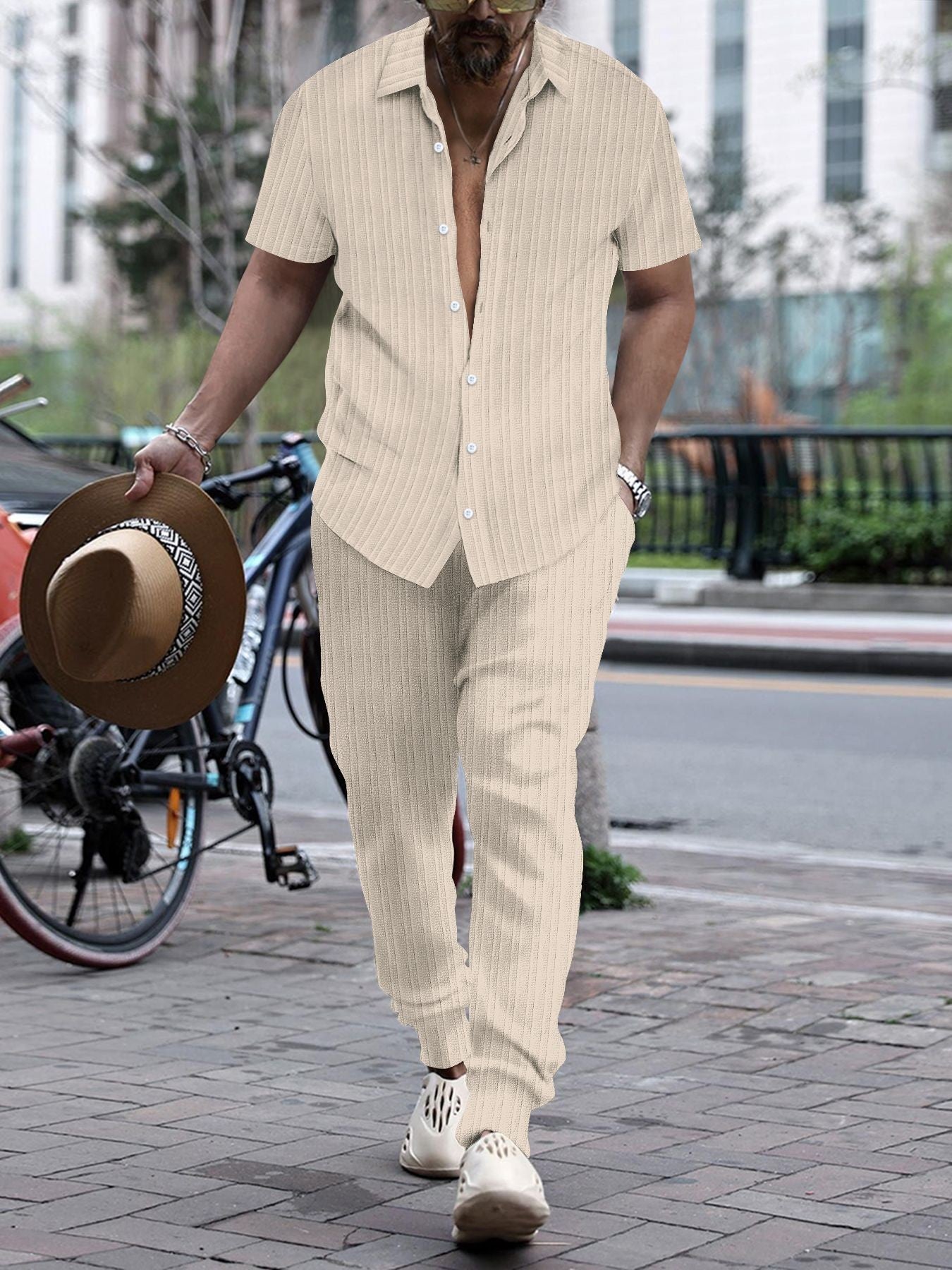 S-3XL Men's Jacquard Striped Shirt Short Sleeve Trousers Suit