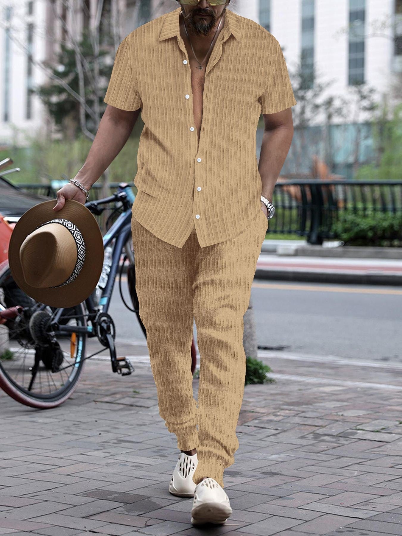 S-3XL Men's Jacquard Striped Shirt Short Sleeve Trousers Suit