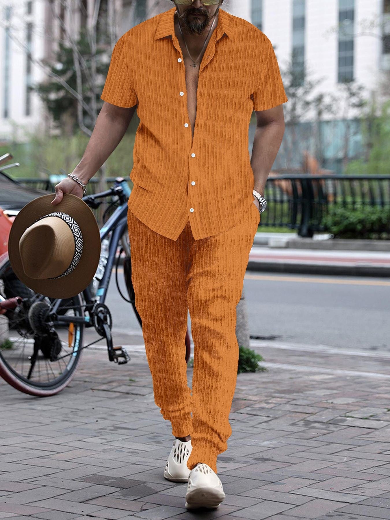 S-3XL Men's Jacquard Striped Shirt Short Sleeve Trousers Suit