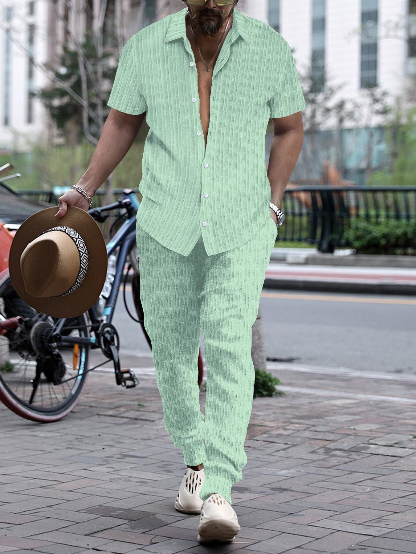 S-3XL Men's Jacquard Striped Shirt Short Sleeve Trousers Suit