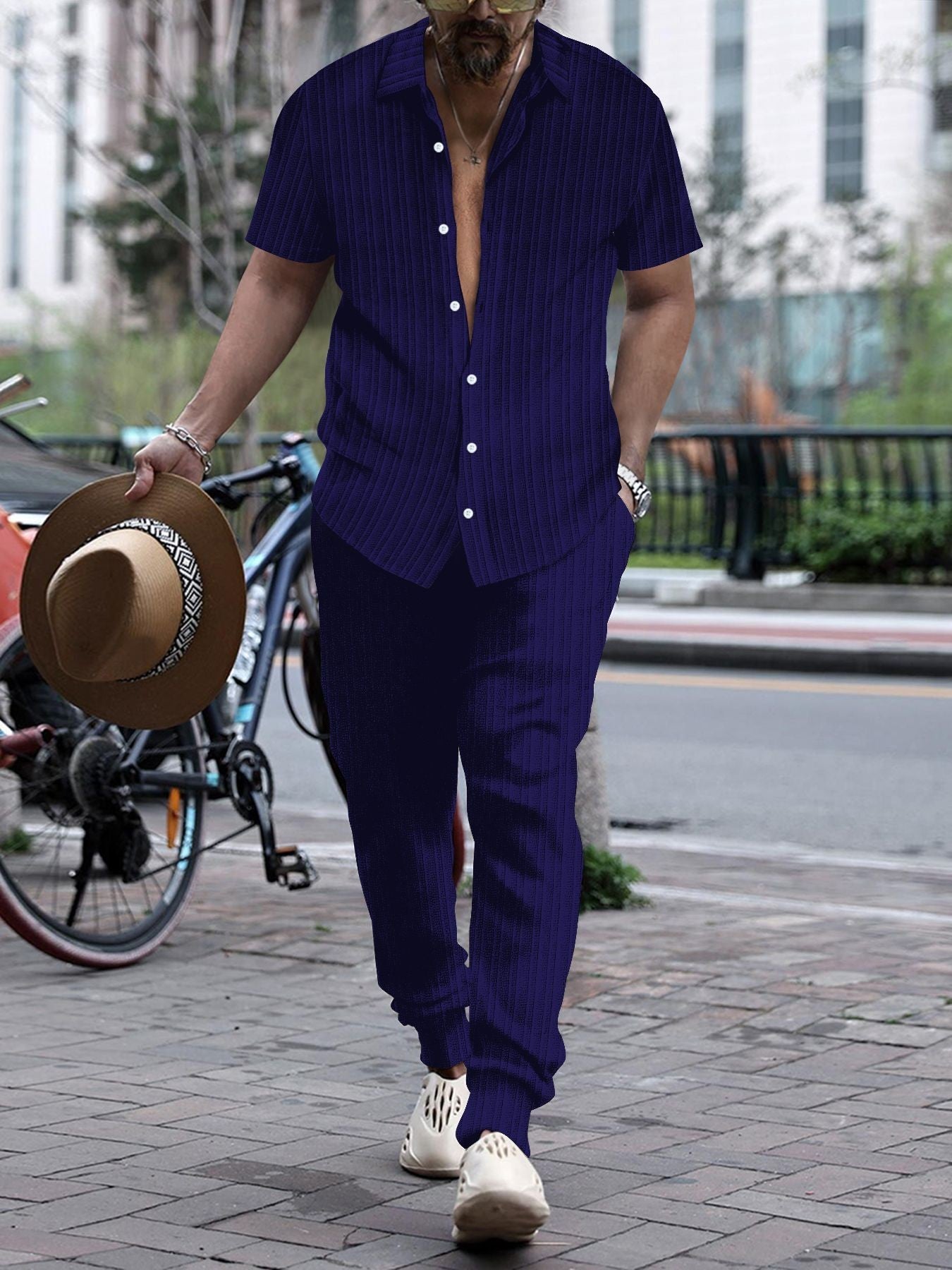 S-3XL Men's Jacquard Striped Shirt Short Sleeve Trousers Suit