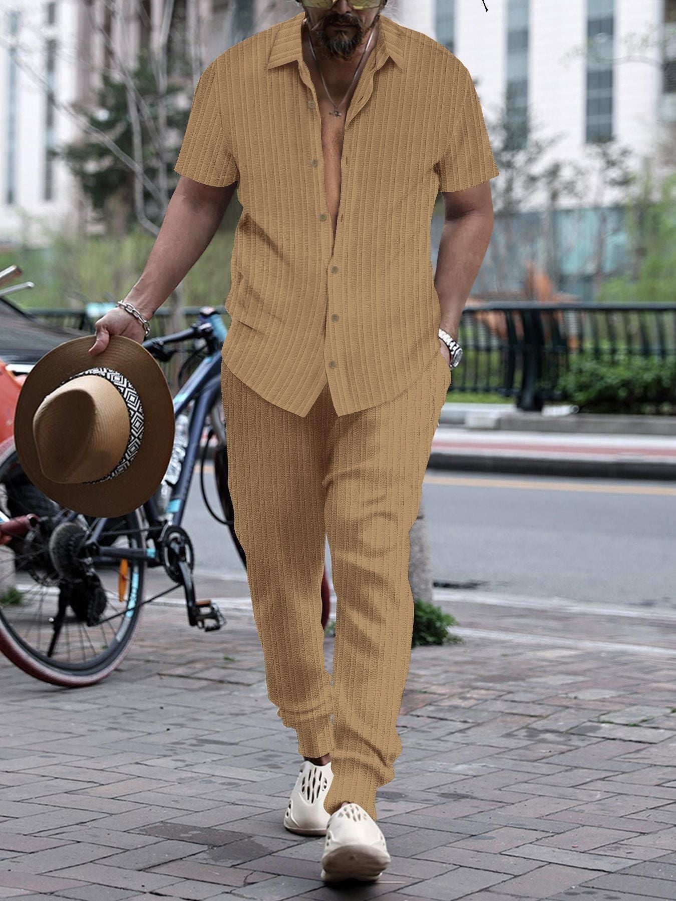 S-3XL Men's Jacquard Striped Shirt Short Sleeve Trousers Suit