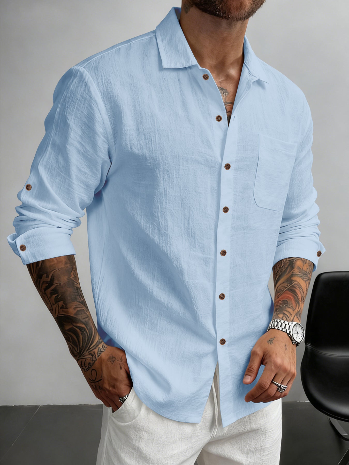 S-3XL Men's Linen Lapel Breathable Casual Long Sleeve Shirt