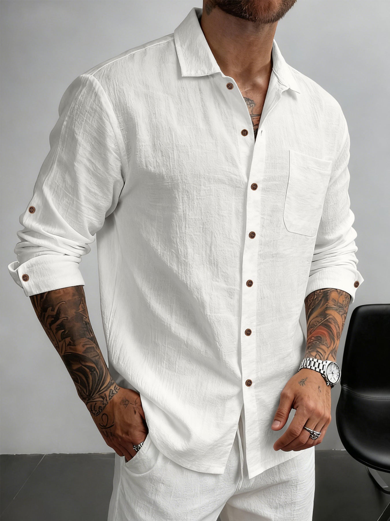 S-3XL Men's Linen Lapel Breathable Casual Long Sleeve Shirt
