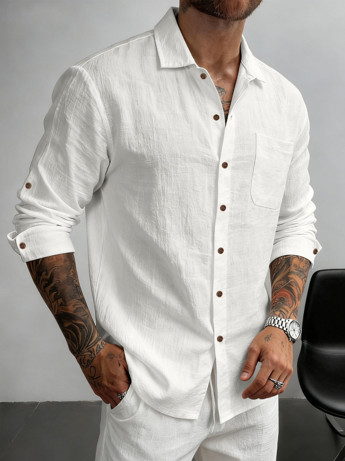 S-3XL Men's Linen Lapel Breathable Casual Long Sleeve Shirt