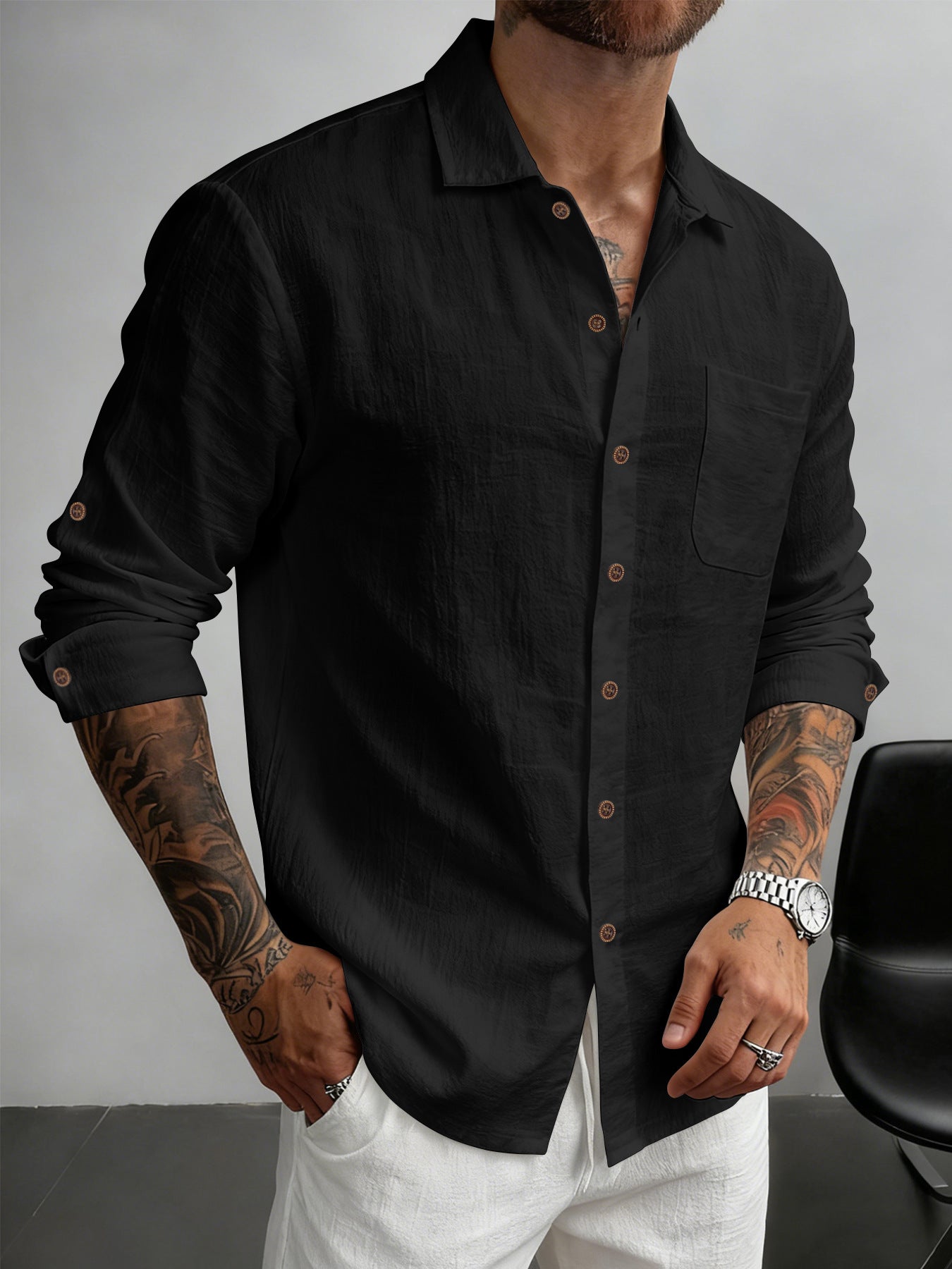 S-3XL Men's Linen Lapel Breathable Casual Long Sleeve Shirt