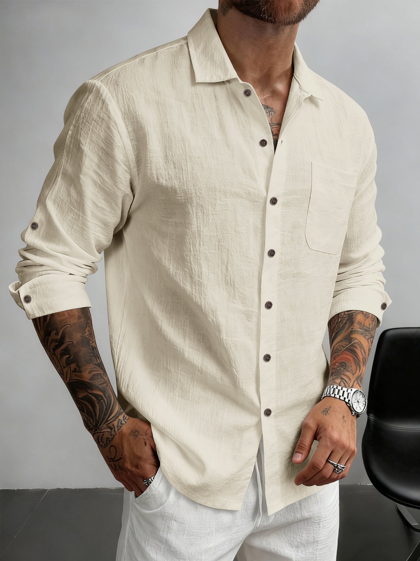 S-3XL Men's Linen Lapel Breathable Casual Long Sleeve Shirt