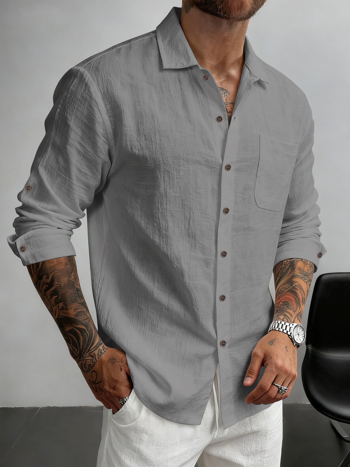 S-3XL Men's Linen Lapel Breathable Casual Long Sleeve Shirt