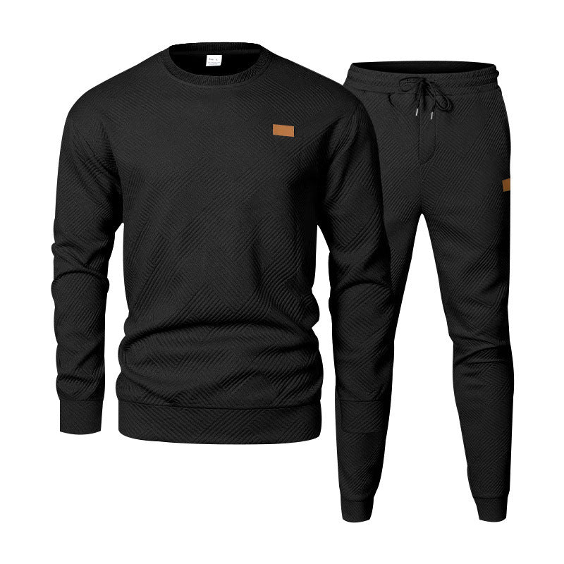 S-3XL Autumn And Winter Men's Crewneck Texture Jacquard Sweater Sports Casual Suit