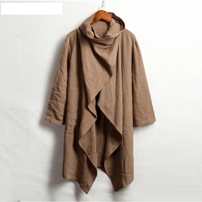 S-4XL Men's Cotton Linen Long Irregular Cape Long Sleeve Jacket