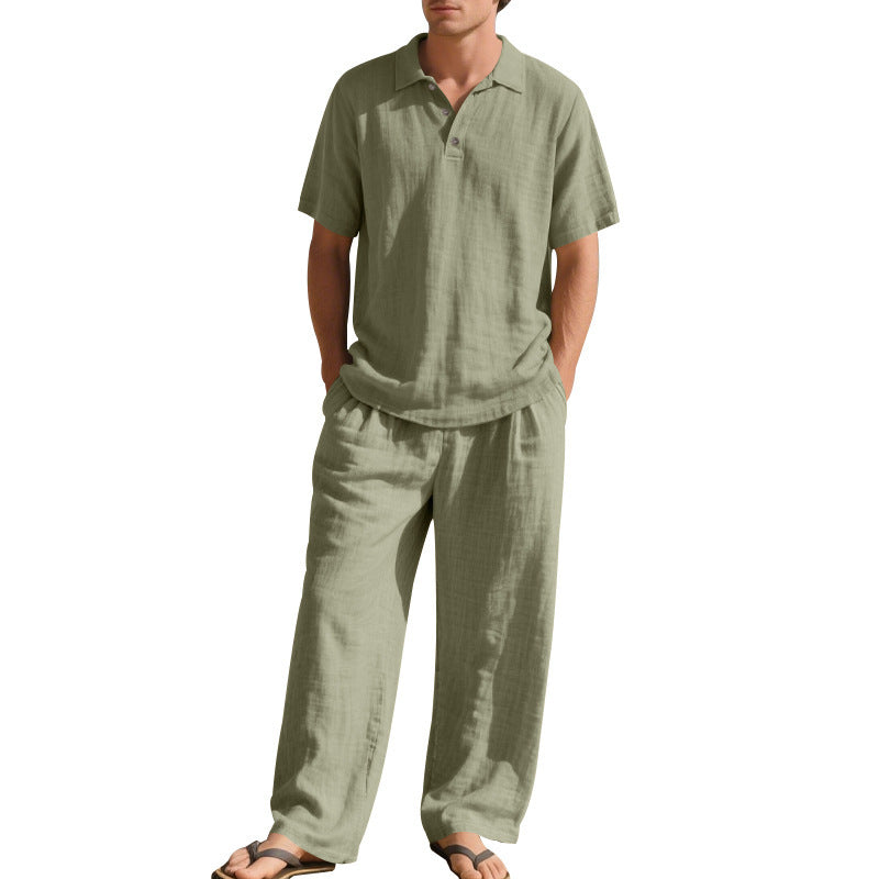 S-3XL Linen Lapel Short Sleeve Trousers Casual Suit