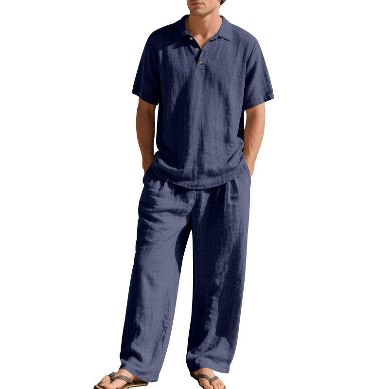 S-3XL Linen Lapel Short Sleeve Trousers Casual Suit