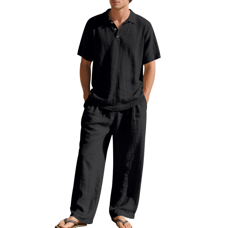 S-3XL Linen Lapel Short Sleeve Trousers Casual Suit