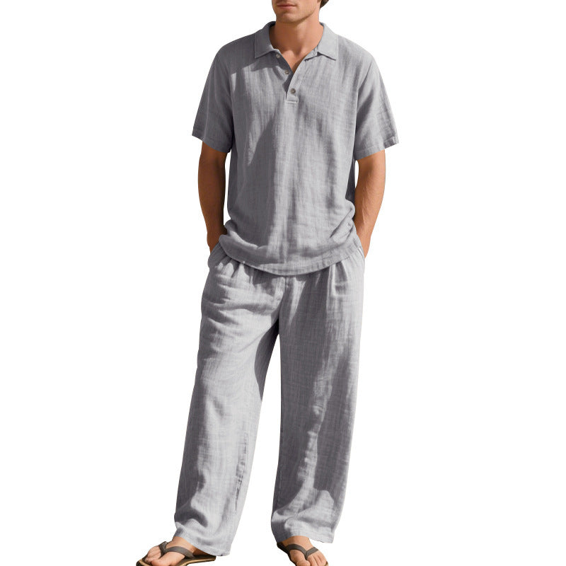 S-3XL Linen Lapel Short Sleeve Trousers Casual Suit