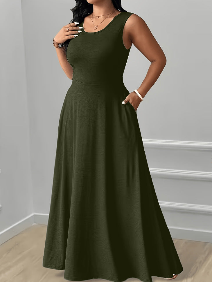 XL-5XL Elegant Round Neck Back Lace-Up Side Pocket Solid Color Plus Size Women's Dress