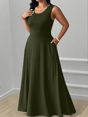 XL-5XL Elegant Round Neck Back Lace-Up Side Pocket Solid Color Plus Size Women's Dress