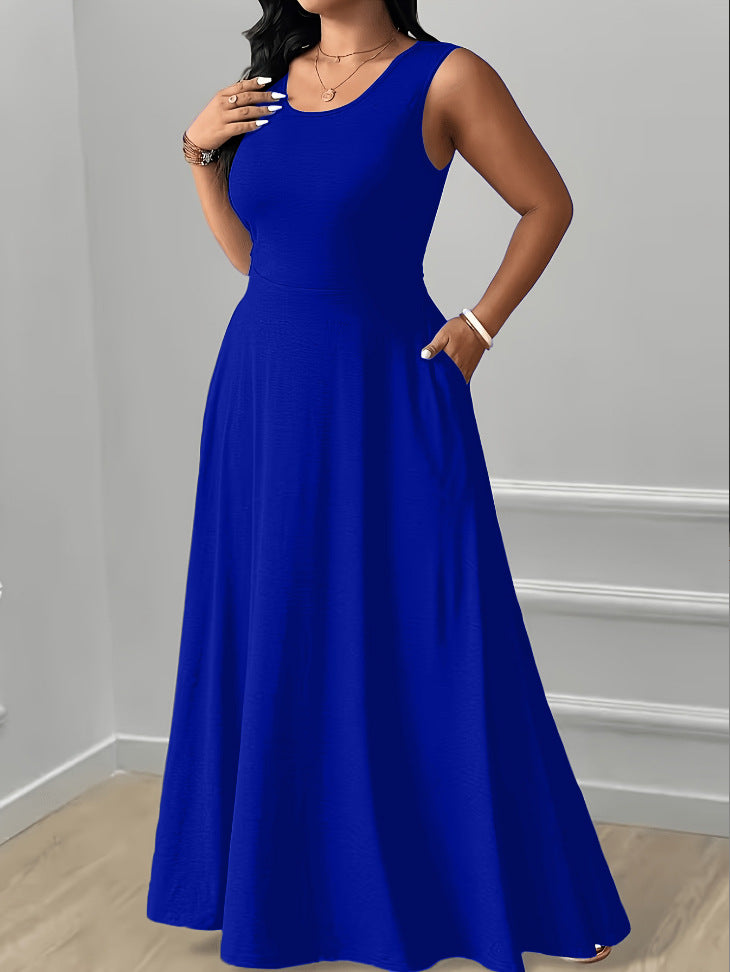 XL-5XL Elegant Round Neck Back Lace-Up Side Pocket Solid Color Plus Size Women's Dress