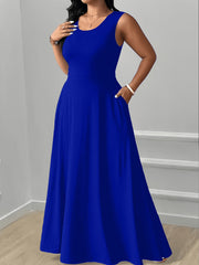 XL-5XL Elegant Round Neck Back Lace-Up Side Pocket Solid Color Plus Size Women's Dress