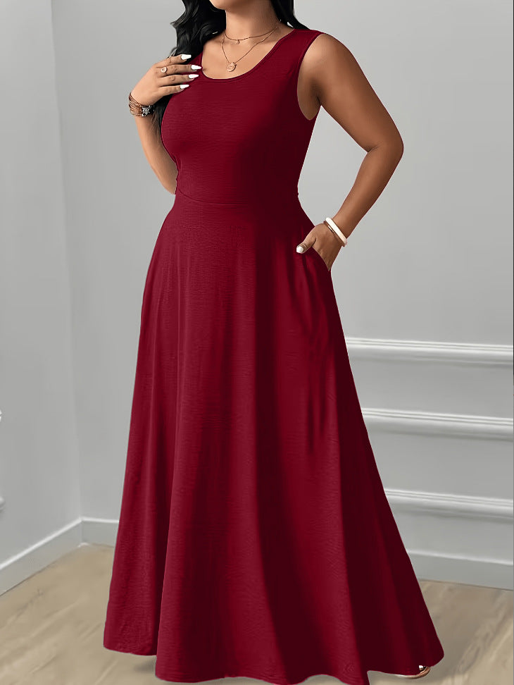 XL-5XL Elegant Round Neck Back Lace-Up Side Pocket Solid Color Plus Size Women's Dress