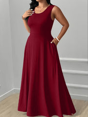 XL-5XL Elegant Round Neck Back Lace-Up Side Pocket Solid Color Plus Size Women's Dress