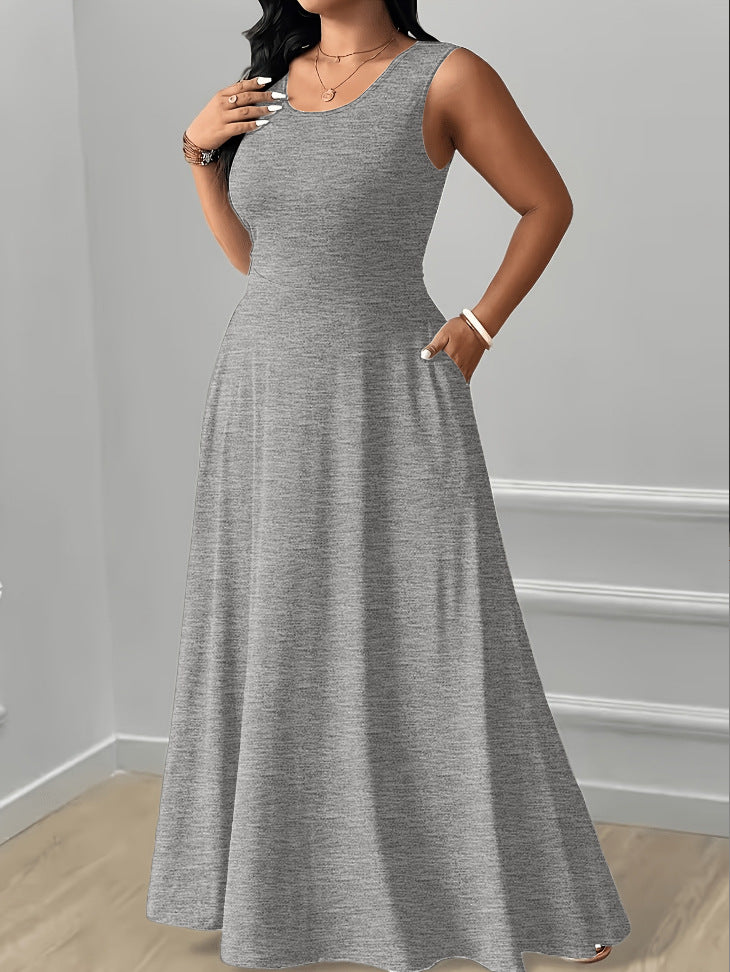 XL-5XL Elegant Round Neck Back Lace-Up Side Pocket Solid Color Plus Size Women's Dress
