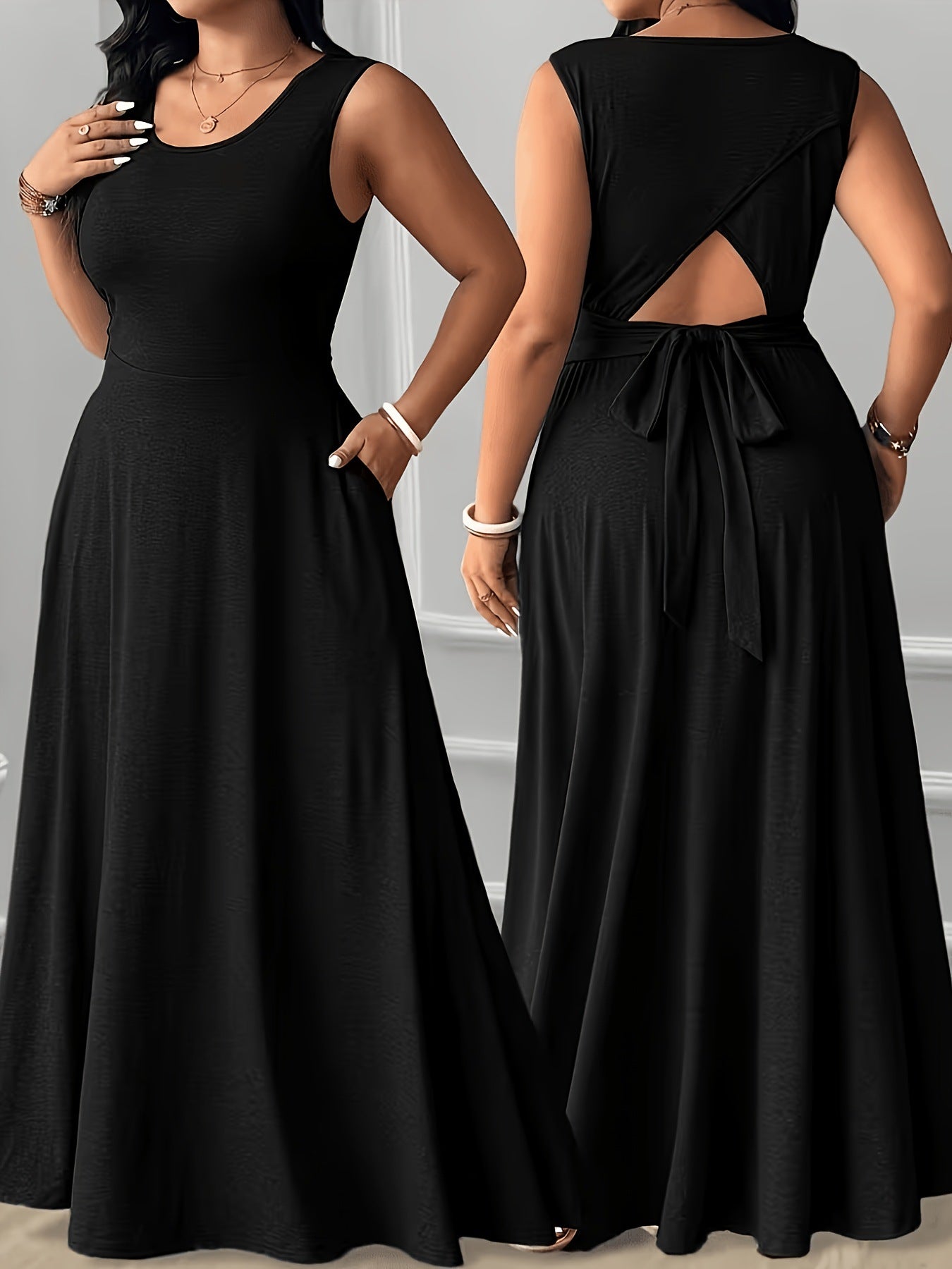 XL-5XL Elegant Round Neck Back Lace-Up Side Pocket Solid Color Plus Size Women's Dress