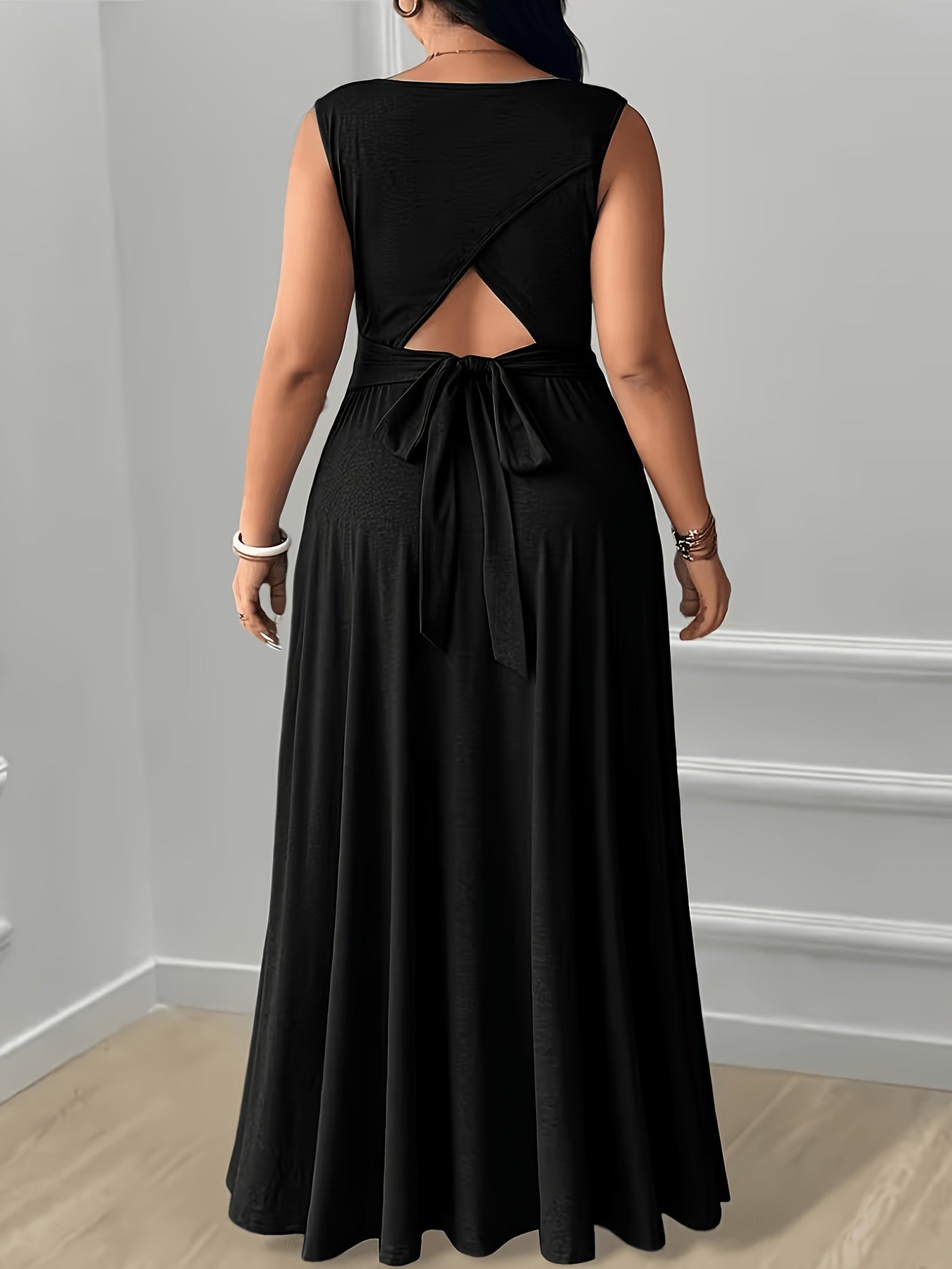 XL-5XL Elegant Round Neck Back Lace-Up Side Pocket Solid Color Plus Size Women's Dress