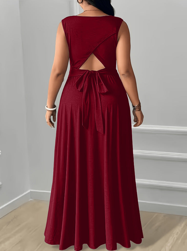 XL-5XL Elegant Round Neck Back Lace-Up Side Pocket Solid Color Plus Size Women's Dress