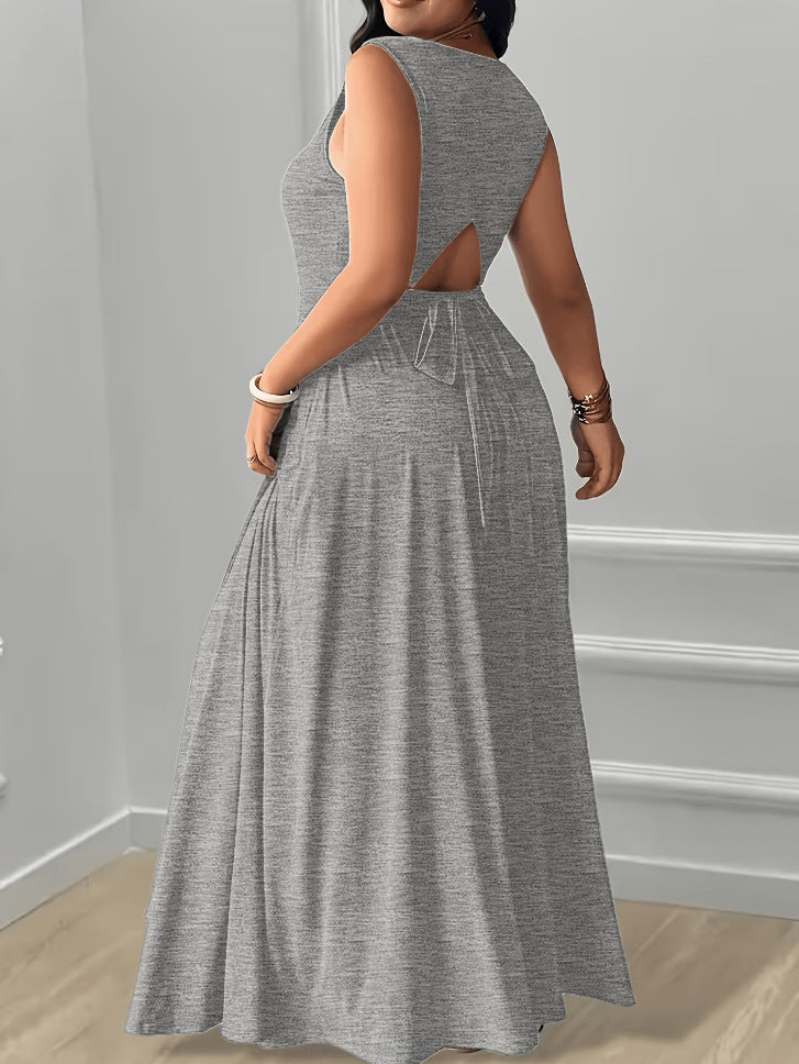 XL-5XL Elegant Round Neck Back Lace-Up Side Pocket Solid Color Plus Size Women's Dress