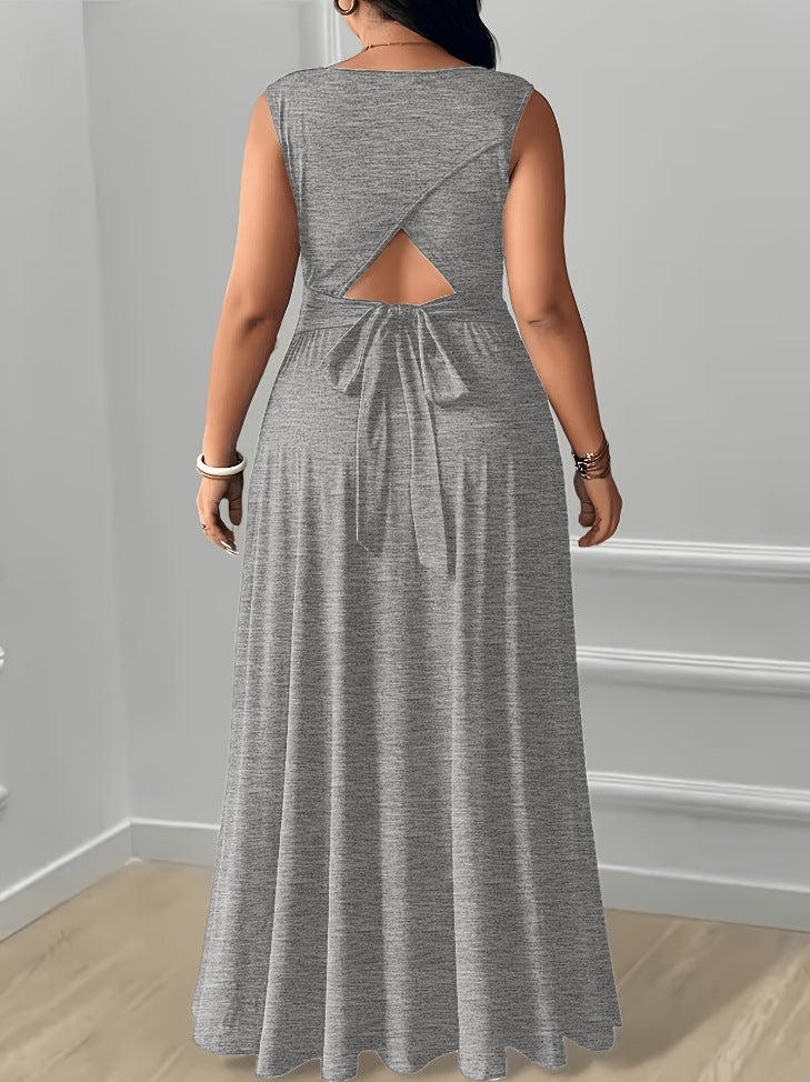XL-5XL Elegant Round Neck Back Lace-Up Side Pocket Solid Color Plus Size Women's Dress